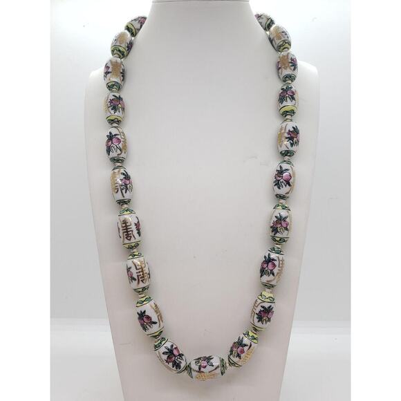 Vintage Chinese Import Porcelain Bead Necklace Hand Painted Gold Clasp Floral - Picture 4 of 9